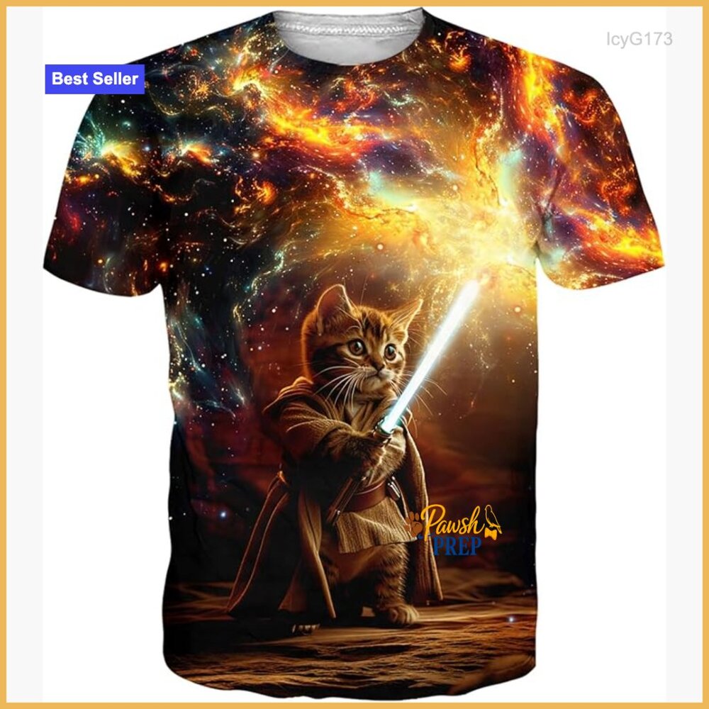 Funny Cat Graphic T-Shirt, Crew Neck, Short Sleeve, Polyester Spandex Blend